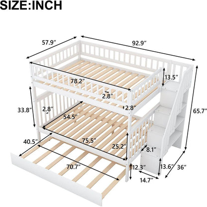Full over Full Bunk Bed with Trundle and Staircase,White
