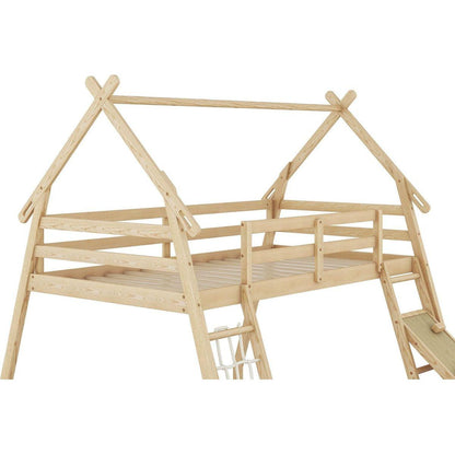 Twin over Queen House Bunk Bed with Climbing Nets and Climbing Ramp, Natural