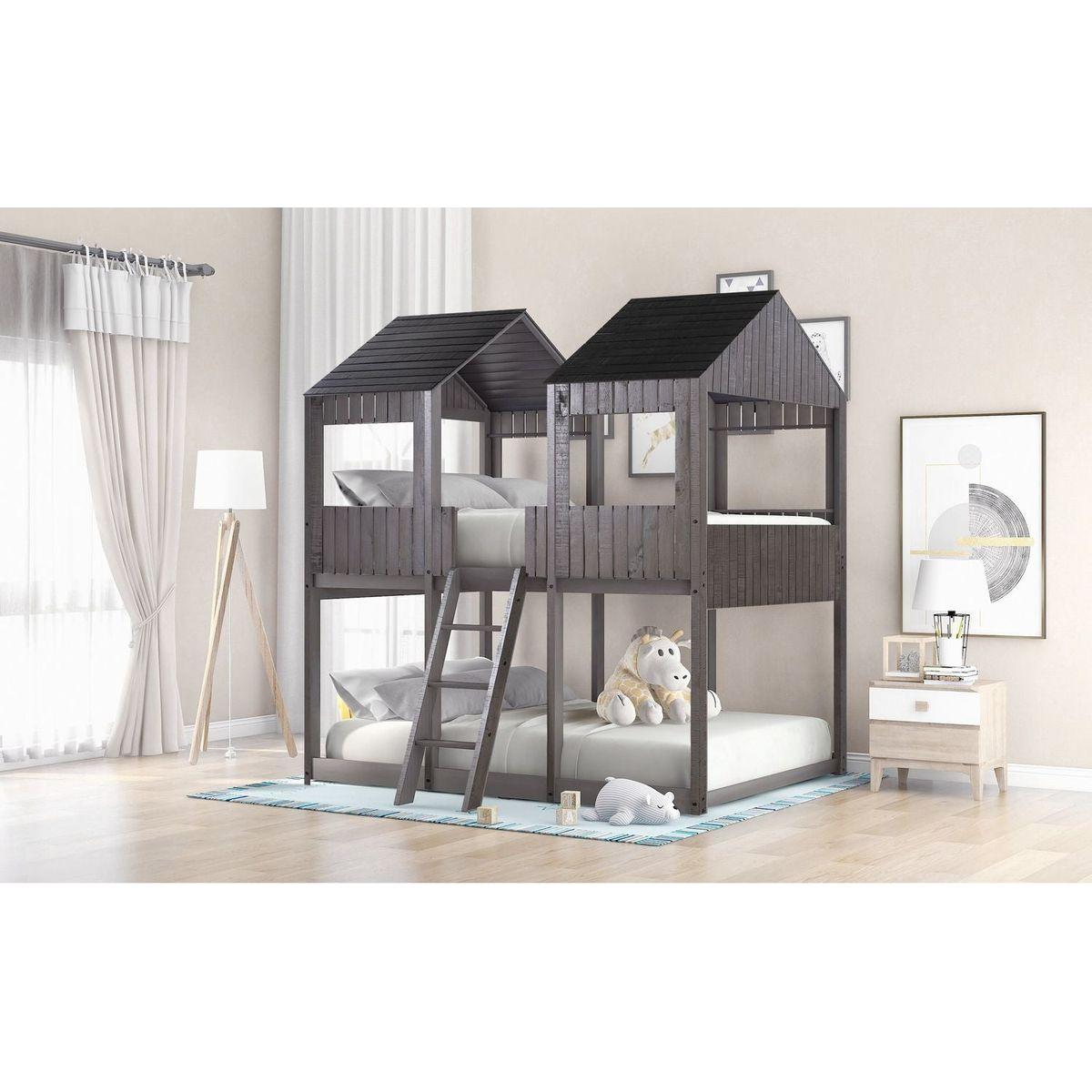 Full Over Full WoodBunk Bed with Roof, Window, Guardrail, Ladder(Antique Gray)