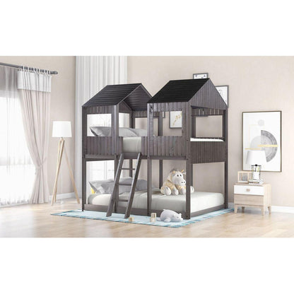 Full Over Full WoodBunk Bed with Roof, Window, Guardrail, Ladder(Antique Gray)