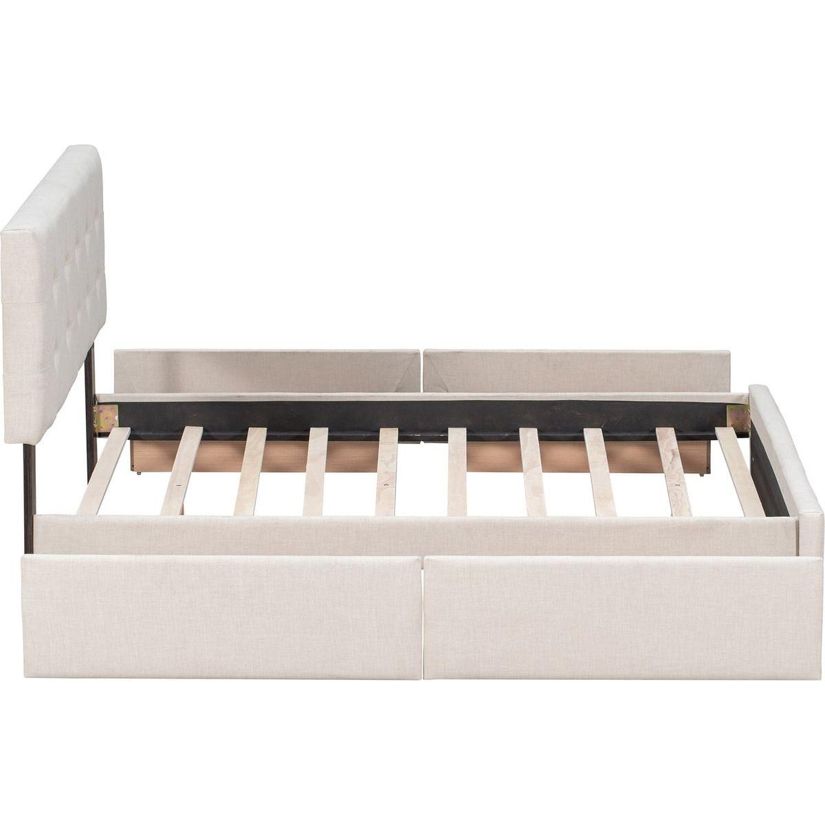 Upholstered Platform Bed with Classic Headboard and 4 Drawers, No Box Spring Needed, Linen Fabric, Queen Size Beige