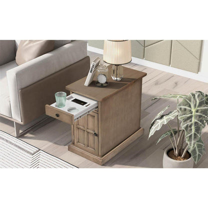 Classic Vintage Livingroom End Table Side Table with USB Ports and One Multifunctional Drawer with cup holders, Antique Brown