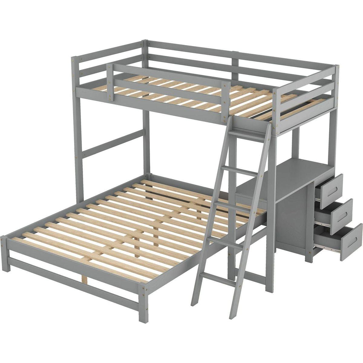 Twin over Full Bunk Bed with Built-in Desk and Three Drawers,Grey