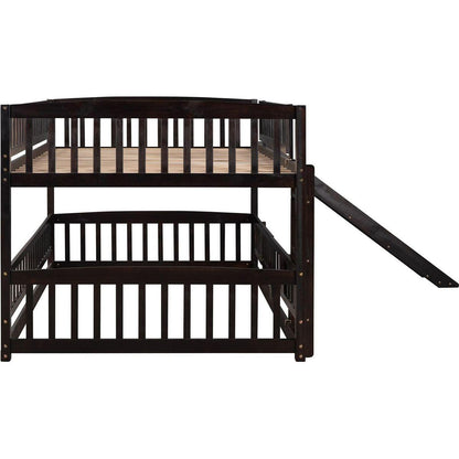 Bunk Bed with Slide,Full Over Full Low Bunk Bed with Fence and Ladder for Toddler Kids Teens Espresso