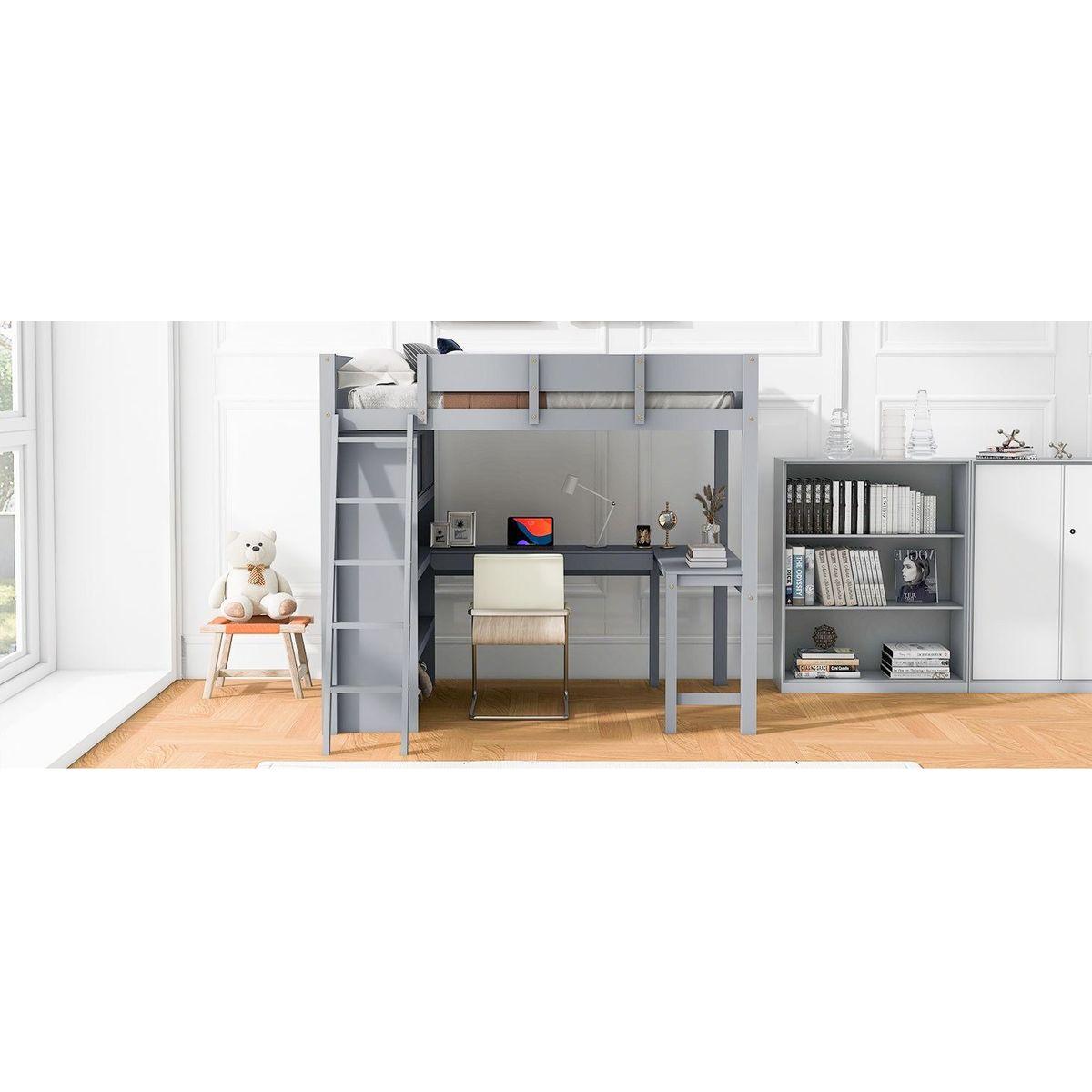 Full Size Loft Bed with Desk and Shelf - Gray
