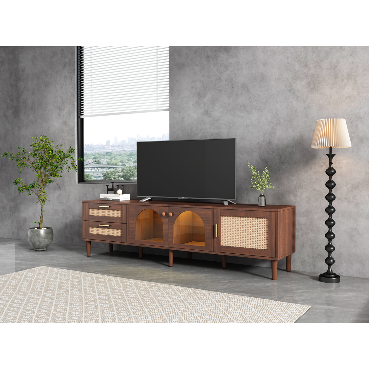 Rattan TV Stand with 3 Cabinets & 2 Drawers, Rattan-inspired Media Console Table for TVs up to 80", LED Light Entertainment Center, TV cabinet for Living room, Bedroom, Home Theatre - Streamdale Furniture