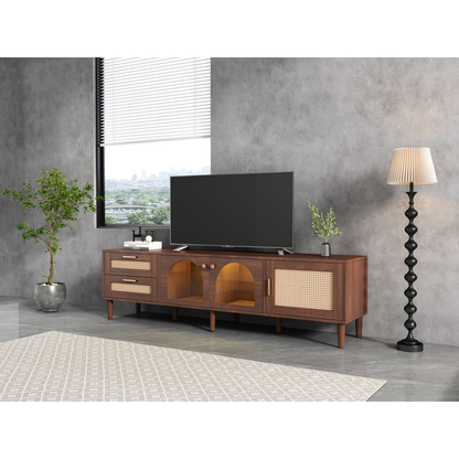 Rattan TV Stand with 3 Cabinets & 2 Drawers, Rattan-inspired Media Console Table for TVs up to 80", LED Light Entertainment Center, TV cabinet for Living room, Bedroom, Home Theatre - Streamdale Furniture