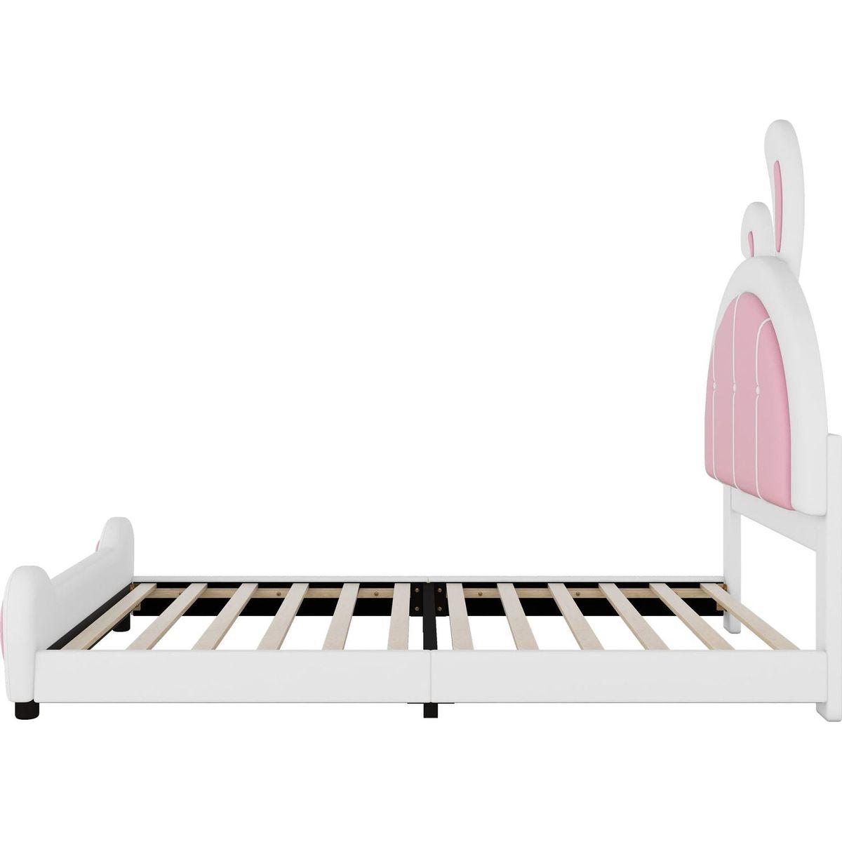 Twin Size Upholstered Platform Bed with Rabbit Shaped Headboard, White