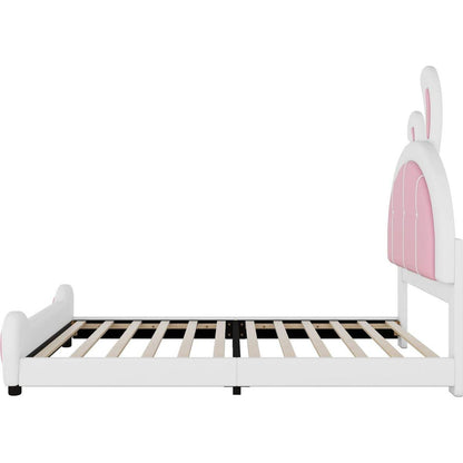 Twin Size Upholstered Platform Bed with Rabbit Shaped Headboard, White