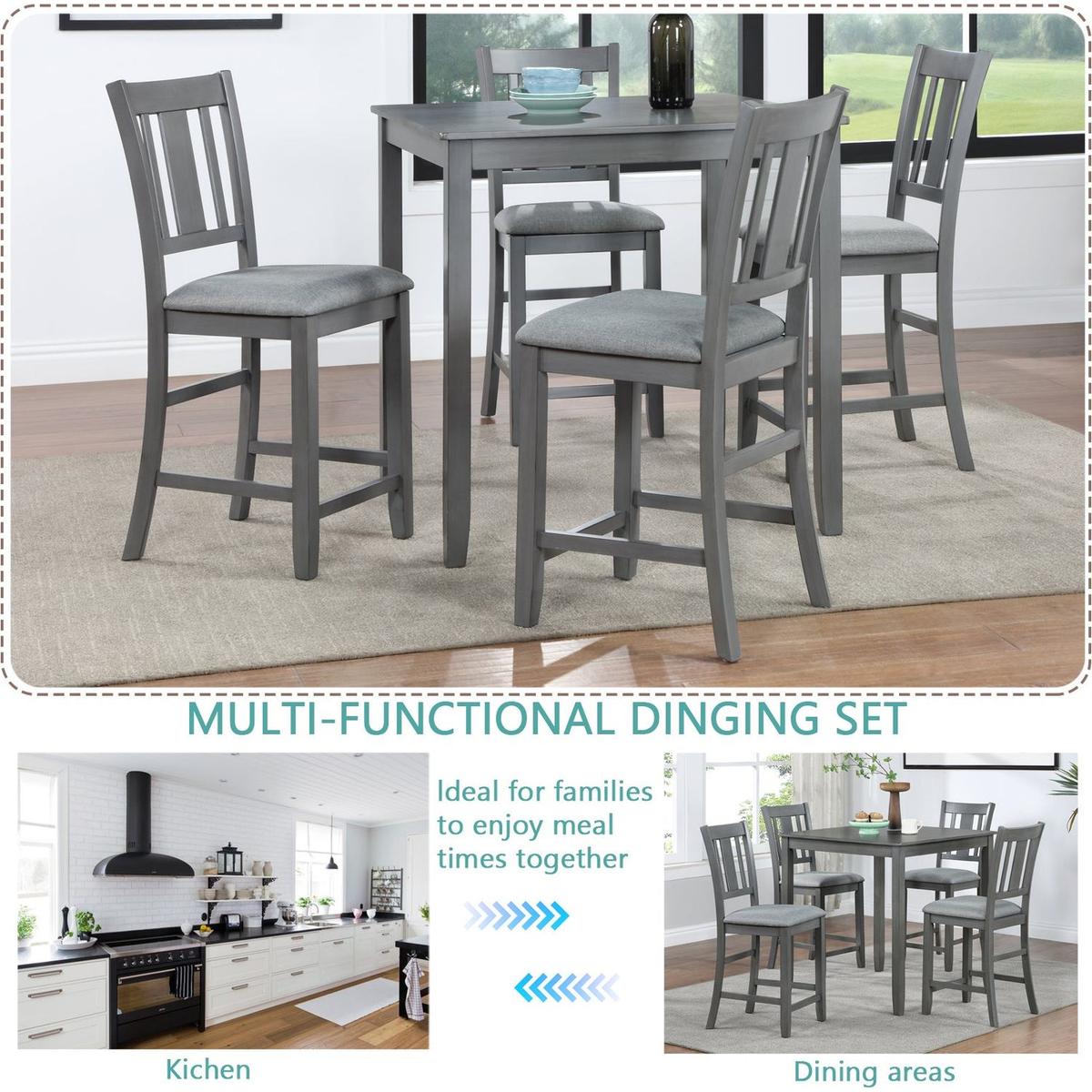 5 Piece Dining Table Set, Wooden Dining Square Table Set for 4, Counter Height Kitchen Table Set with Square Table and 4 Upholstered Chairs for Small Space, Gray - Streamdale Furniture