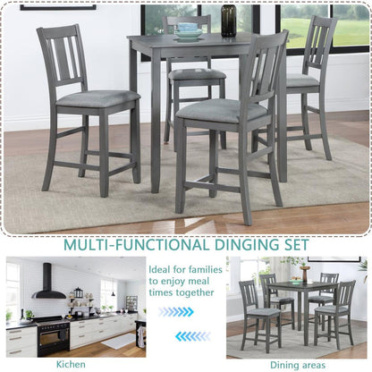 5 Piece Dining Table Set, Wooden Dining Square Table Set for 4, Counter Height Kitchen Table Set with Square Table and 4 Upholstered Chairs for Small Space, Gray - Streamdale Furniture