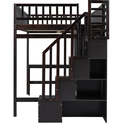 Full size Loft Bed with Bookshelf,Drawers,Desk,and Wardrobe-Espresso