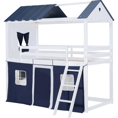 Twin Size Bunk Wood House Bed with Elegant Windows, Sills and Tent, Blue+White