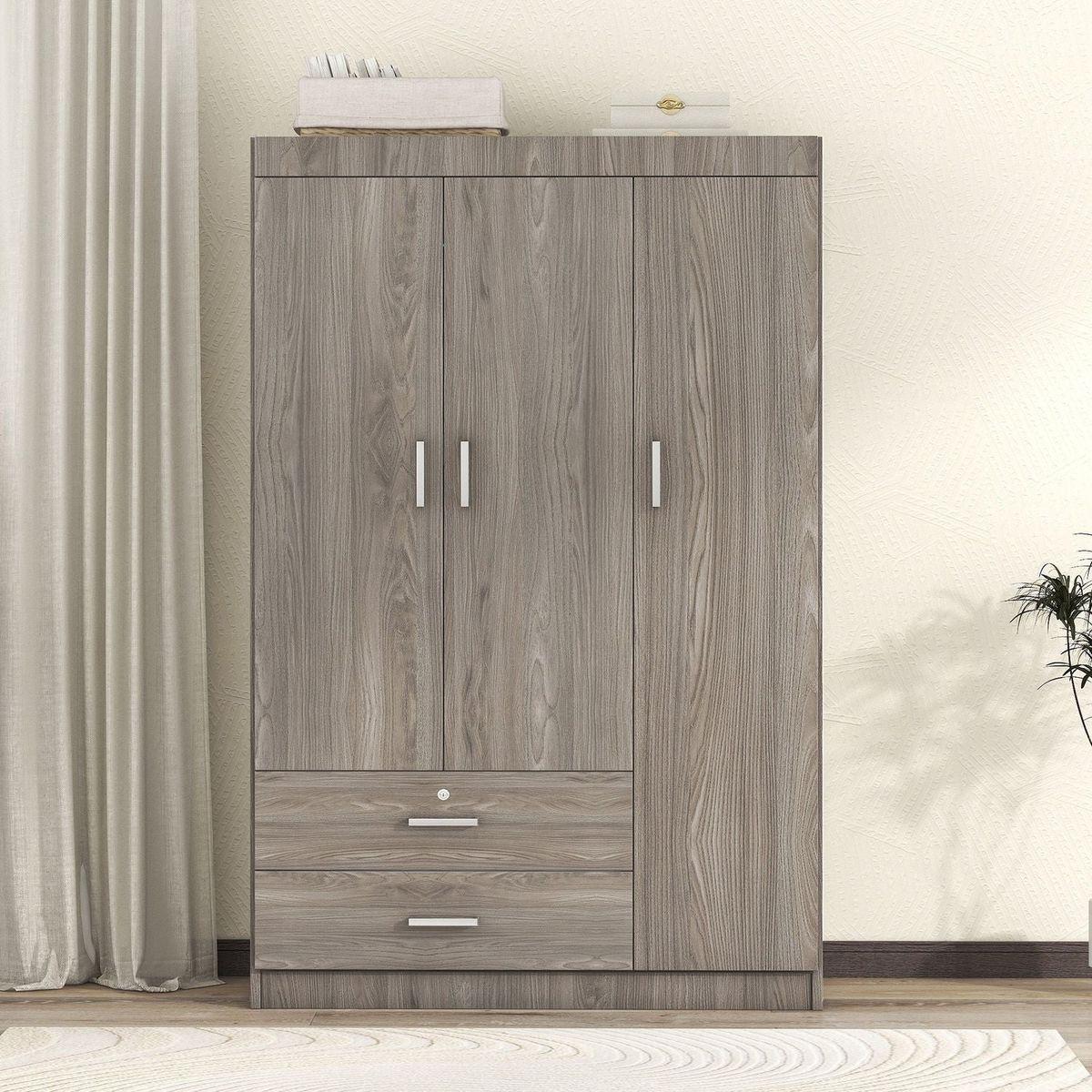 3-Door Wardrobe with 2 Drawers, Wood Grain Effect in Gray