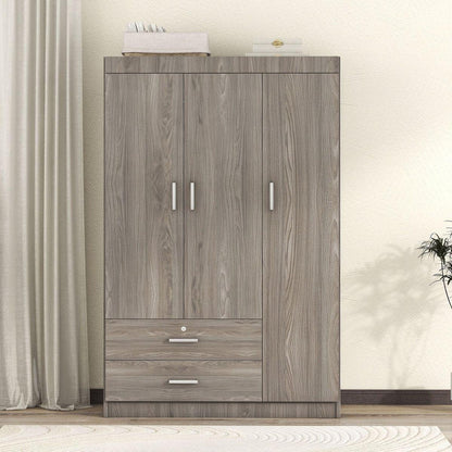 3-Door Wardrobe with 2 Drawers, Wood Grain Effect in Gray