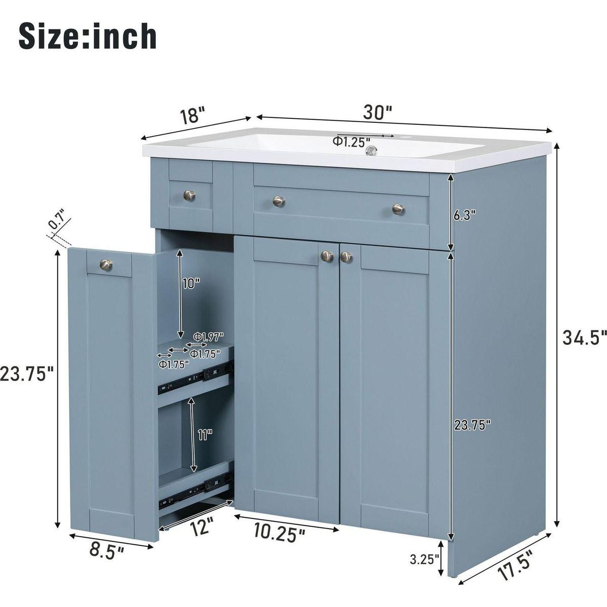 Modern 30-Inch Bathroom Vanity Cabinet with Easy-to-Clean Resin Integrated Sink in Blue