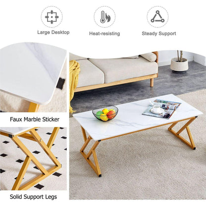 A modern minimalist style white marble patterned coffee table with golden metal legs. Computer desk. Game table. Tea table. CT-XX