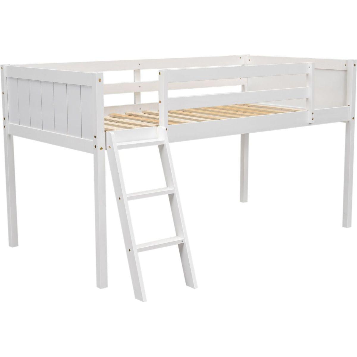 Twin Size Wood Low Loft Bed with Ladder, ladder can be placed on the left or right, White