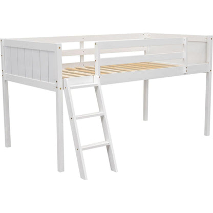Twin Size Wood Low Loft Bed with Ladder, ladder can be placed on the left or right, White