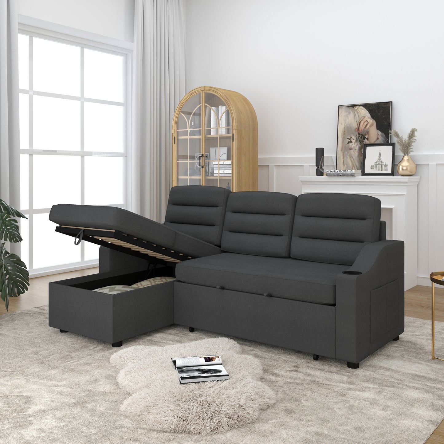 83.5" Convertible Sleeper Combo Sofa, Convertible Sofa Bed Polyester Pullout Bed with Storage Recliner and Cup Holder for Living Room, Tight Spaces