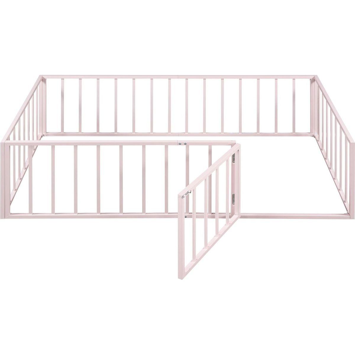 Twin Size Metal Floor Bed Frame with Fence and Door, Pink