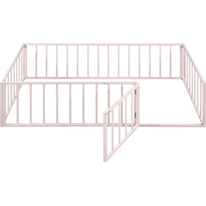 Twin Size Metal Floor Bed Frame with Fence and Door, Pink