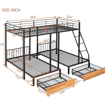 Full Over Twin & Twin Bunk Bed, Metal Triple Bunk Bed with Drawers and Guardrails, Black