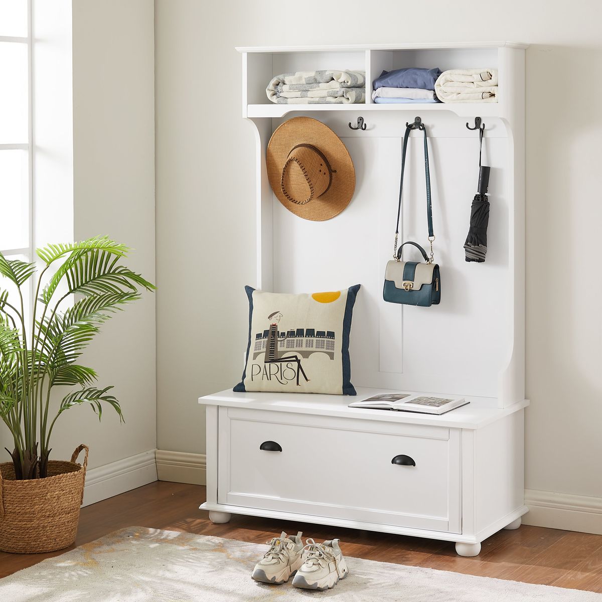 Modern Classic Hall Tree with Shoe Rack Bench and Coat Hooks for Hanging Storage, Entryway Bench with Open Shelves and Shoe Cabinets 40.16'W*18.58'D*64.17'H white