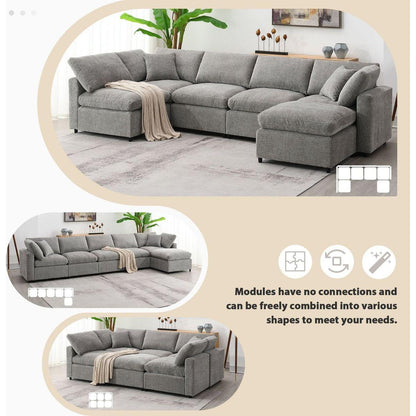 130x65" Modern Modular Cloud Sofa Bed, 6 Seat Chenille Sectional Couch Set with Ottoman,Free Combination,Convertible U Shaped Sleeper Sofa for Living Room, Apartment, 3 Colors