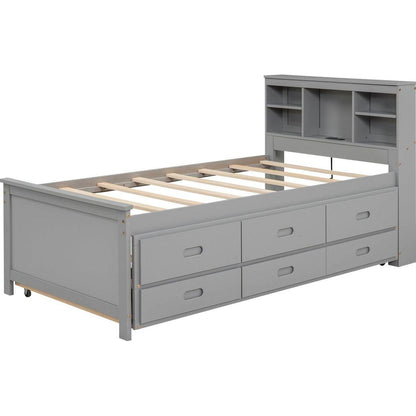 Twin Size Platform Bed with Storage Headboard, USB, Twin Size Trundle and 3 Drawers, Gray
