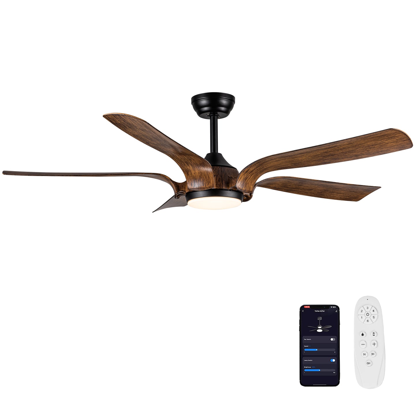 Smart 56" Integrated LED Ceiling Fan with Antique Brown Blades in Matte Black Fan Body Finish