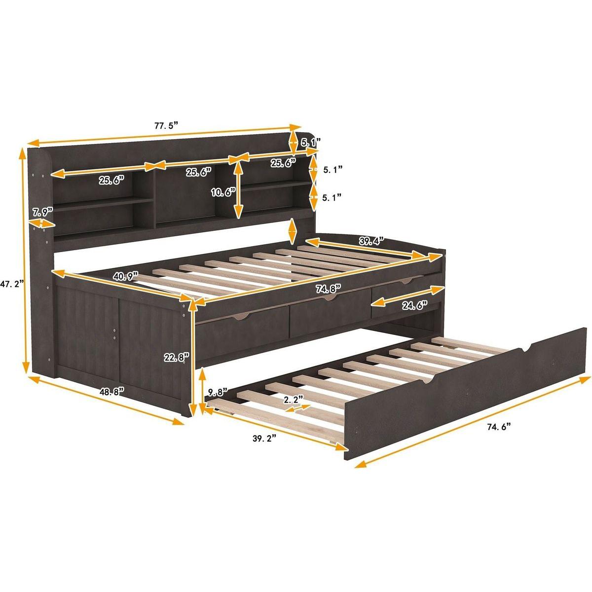 Twin Size Wooden Captain Bed with Built-in Bookshelves,Three Storage Drawers and Trundle,Antique Gray