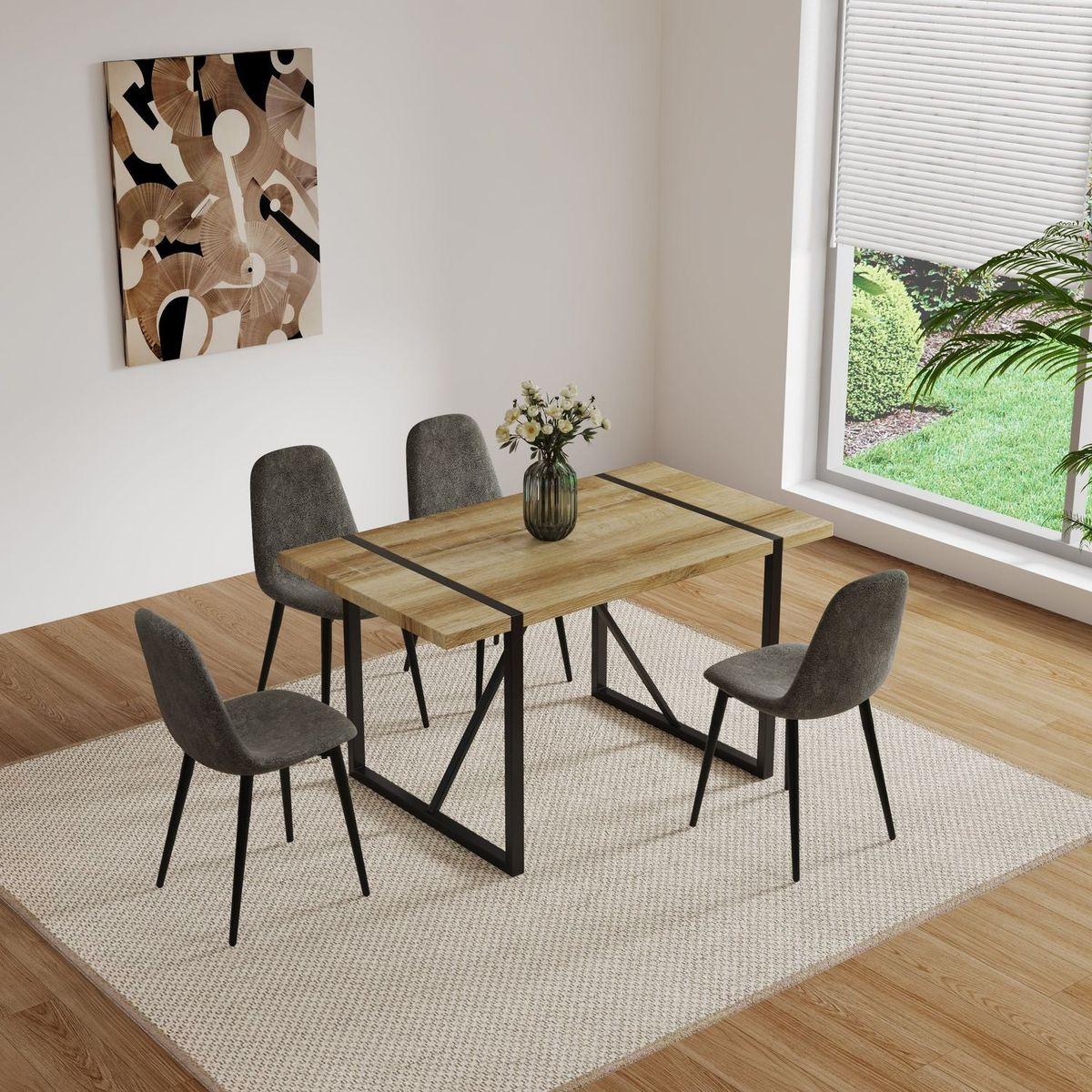 55" MDF Wood Colour Dining Table and Modern Dining Chair Set of 4, Mid Century Wooden Kitchen Table Set, Metal Base & Legs, Dining Room Table and Suede Chairs