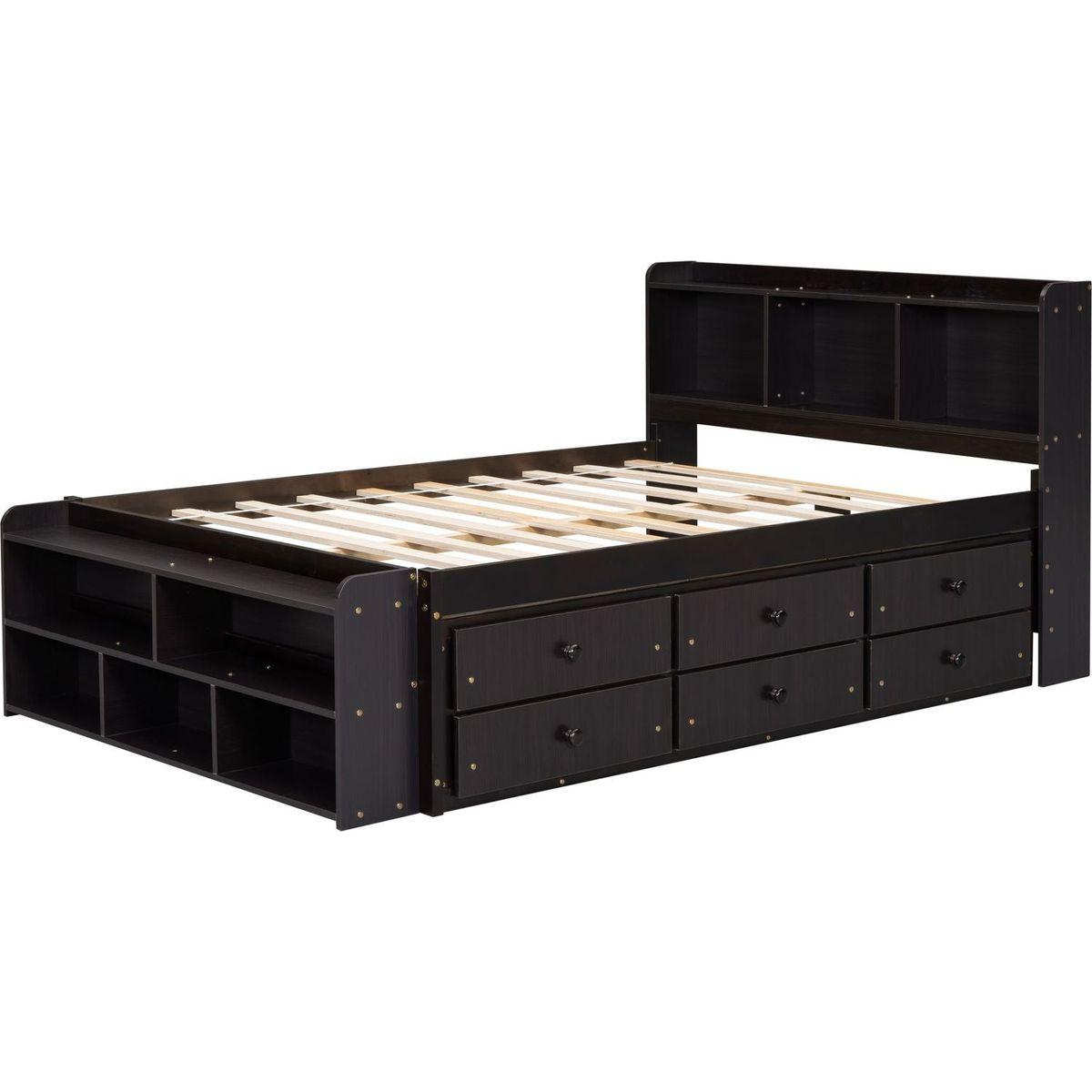 Full Bed with Bookcase Headboard, Under bed Storage Drawers and Bed End Storage Case,Espresso