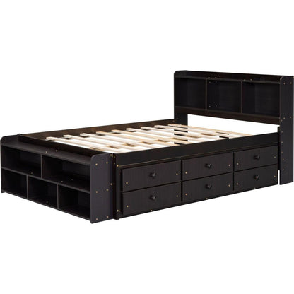 Full Bed with Bookcase Headboard, Under bed Storage Drawers and Bed End Storage Case,Espresso