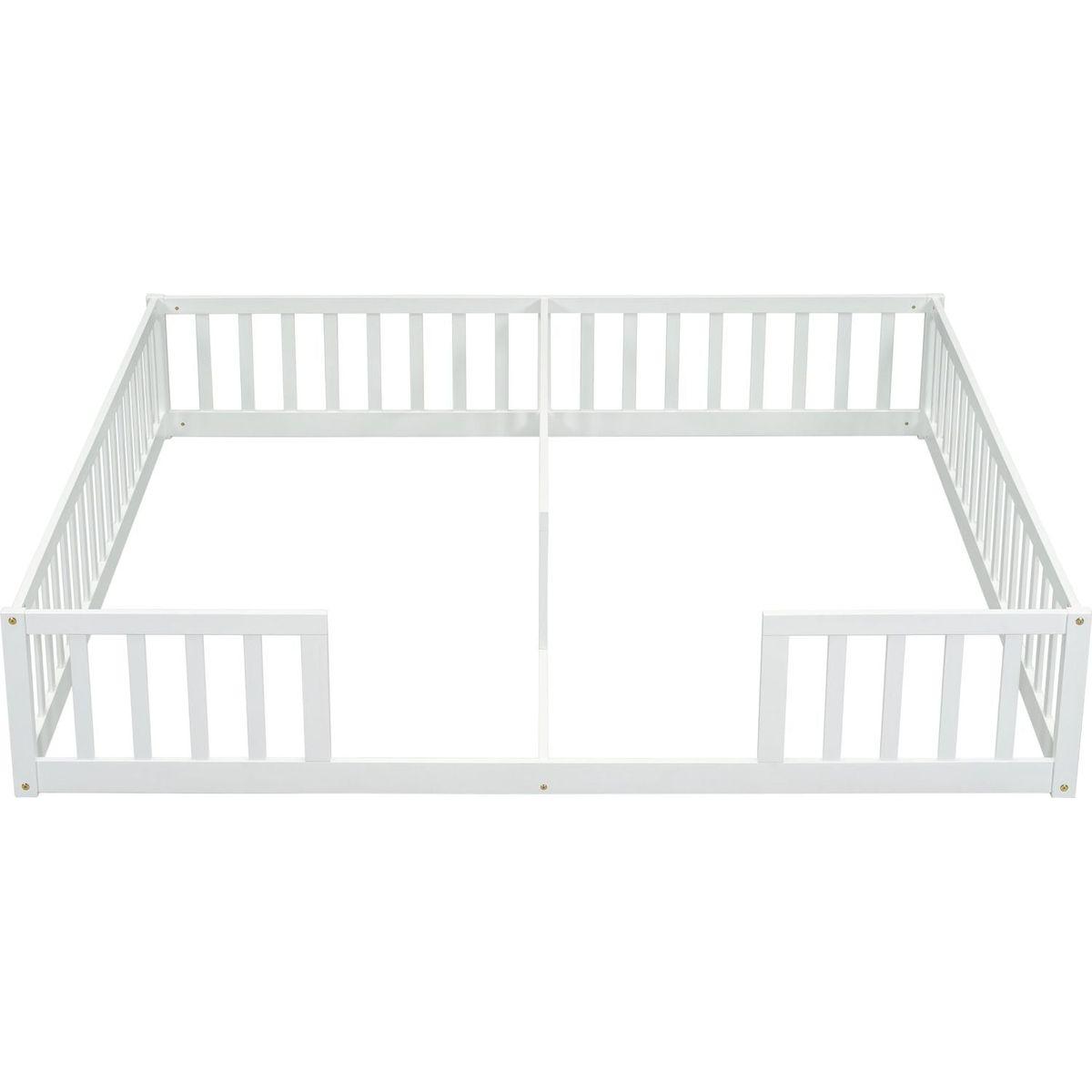 Double Twin Floor Bed with Fence, Guardrails, without door, White