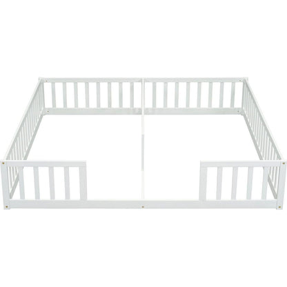 Double Twin Floor Bed with Fence, Guardrails, without door, White