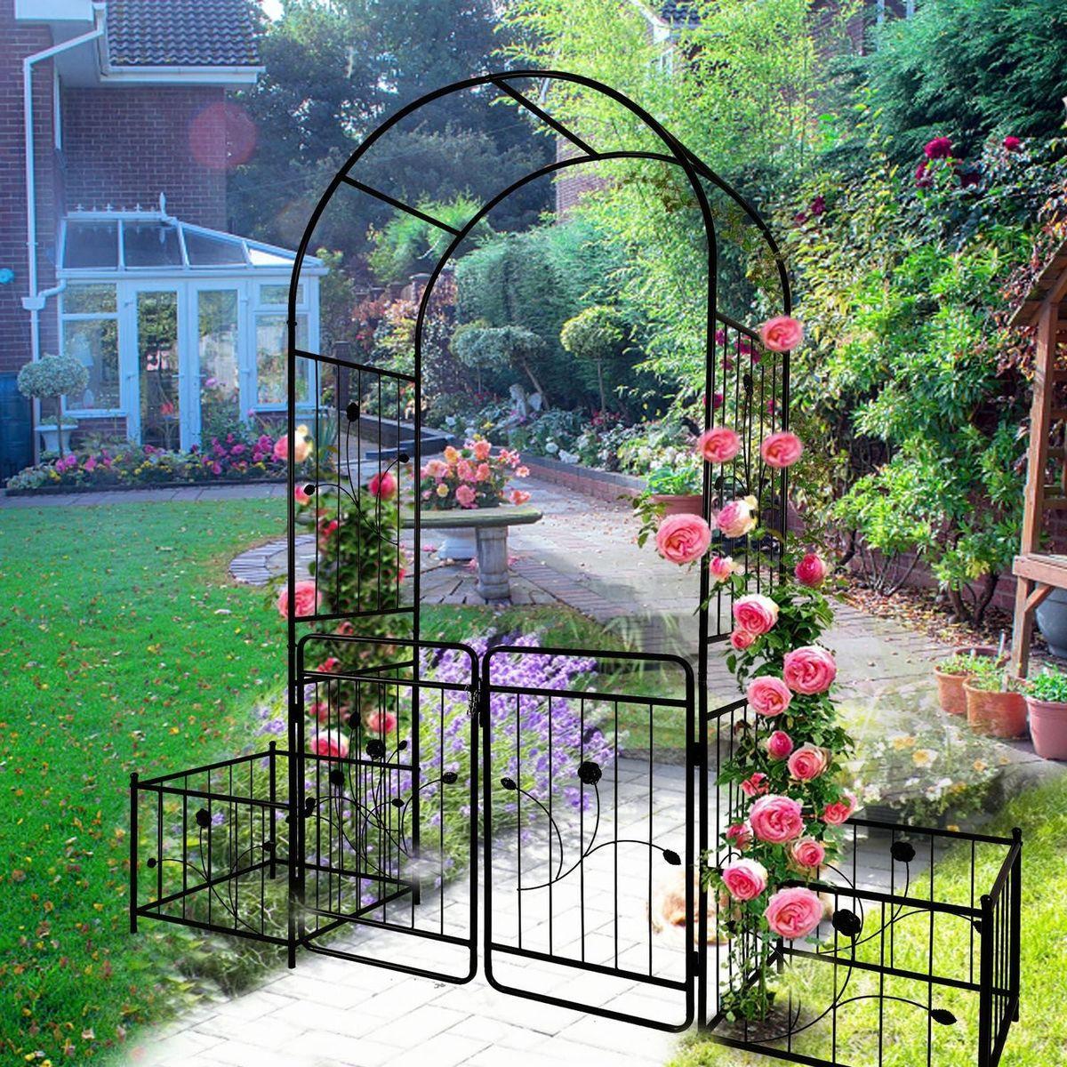 Metal Garden Arch with Gate 79.5" Wide x 86.6" High Climbing Plants Support Rose Arch Outdoor Black