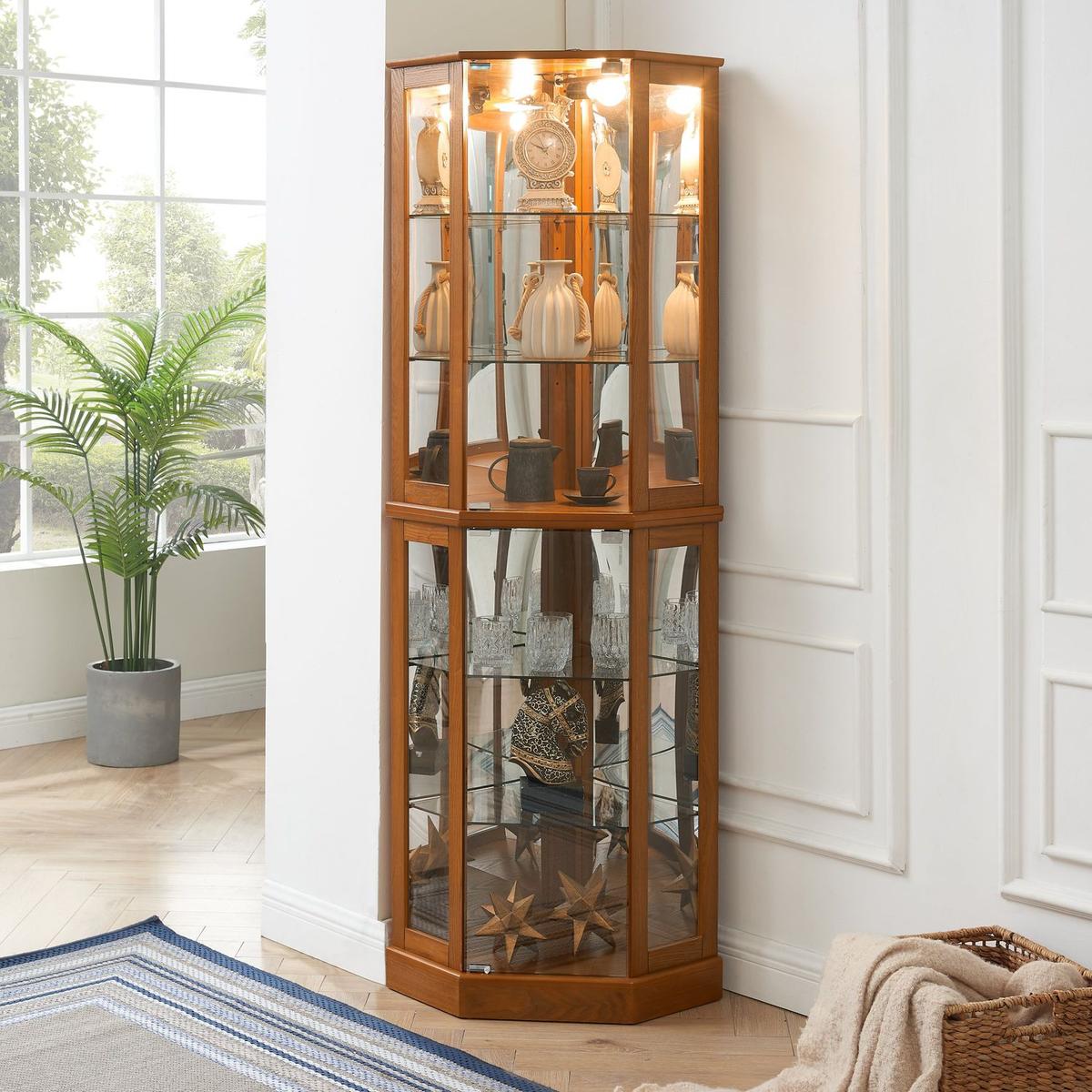 6 Shelf Corner Curio Display Cabinet with Lights, Mirrors and Adjustable Shelves, Oak