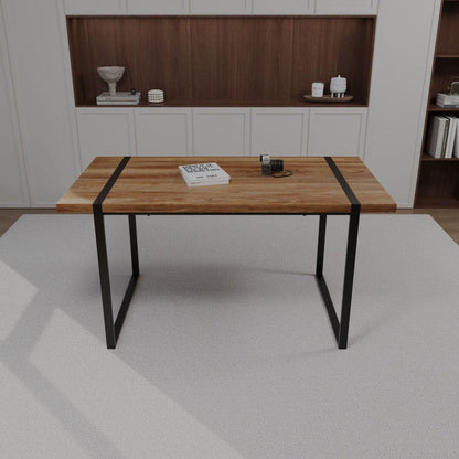 59 "rural industrial rectangular MDF natural wood dining table, 4-6 people, 1.5" thick engineering wood tabletop and black rectangular metal legs, used for writing desks, kitchens, terraces