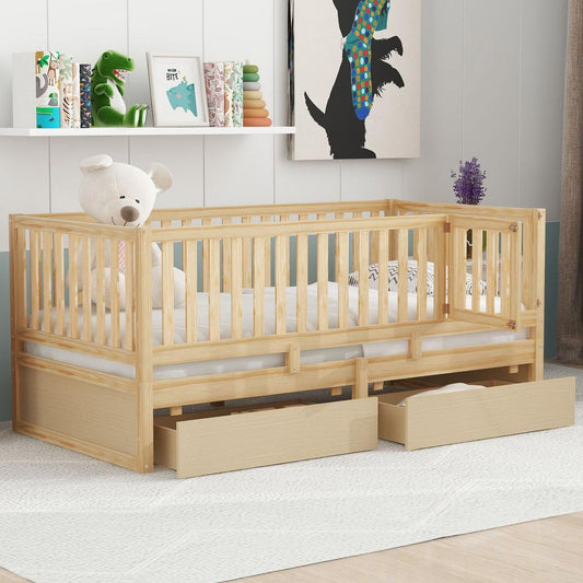 Twin Size Wood Daybed with Fence Guardrails and 2 Drawers, Split into Independent Floor Bed & Daybed, Natural