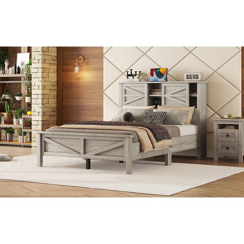 Farmhouse Platform Bed with Double Sliding Barn Door, Full Size Rustic Wood Bed with Charging Station, Wood Slats Support, Antique Gray