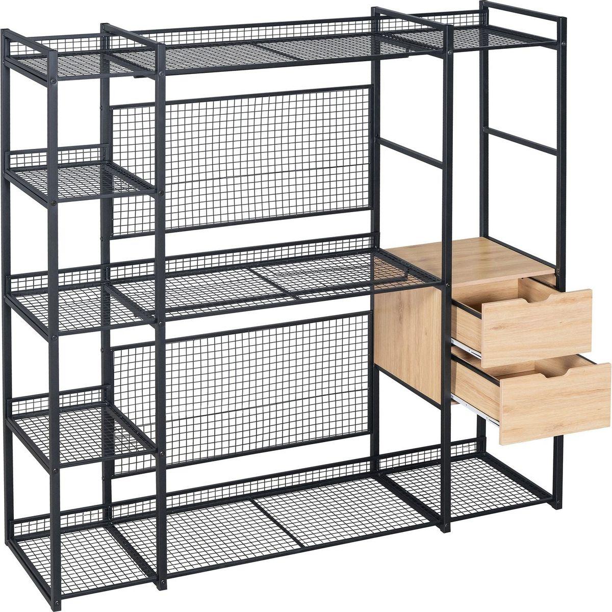 Open-Style Wardrobe with Hanging Rails, Shelves and Drawers, Black