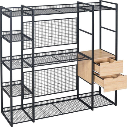 Open-Style Wardrobe with Hanging Rails, Shelves and Drawers, Black