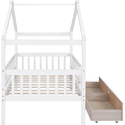 Twin Size Wooden House Bed with Two Drawers, White