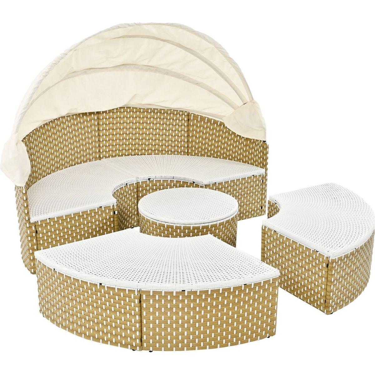 Patio Furniture Round Outdoor Sectional Sofa Set Rattan Daybed Two-Tone Weave Sunbed with Retractable Canopy, Separate Seating and Removable Cushion, Beige