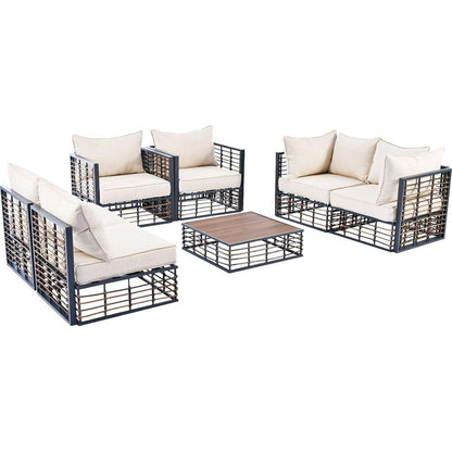 Modern Minimalist 7-Piece Metal Patio Sectional Sofa Set, All-Weather Garden Conversational Furniture Set with Thick Cushions and Coffee Table for Indoor Outdoor, Gray