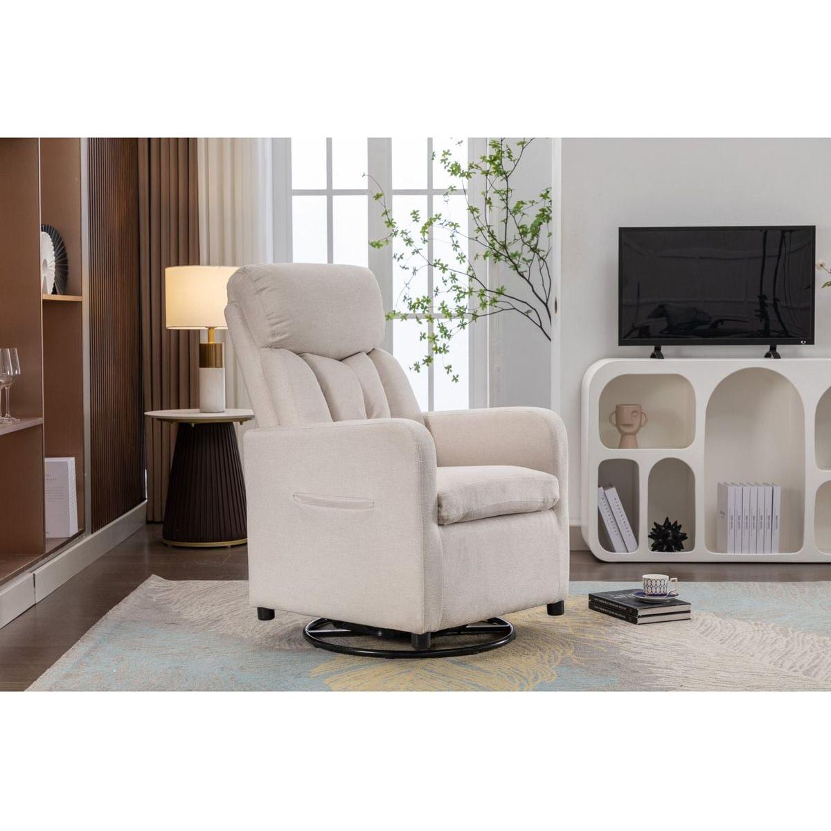 Linen Fabric Swivel Rocking Chair Gilder Chair With Pocket,Beige