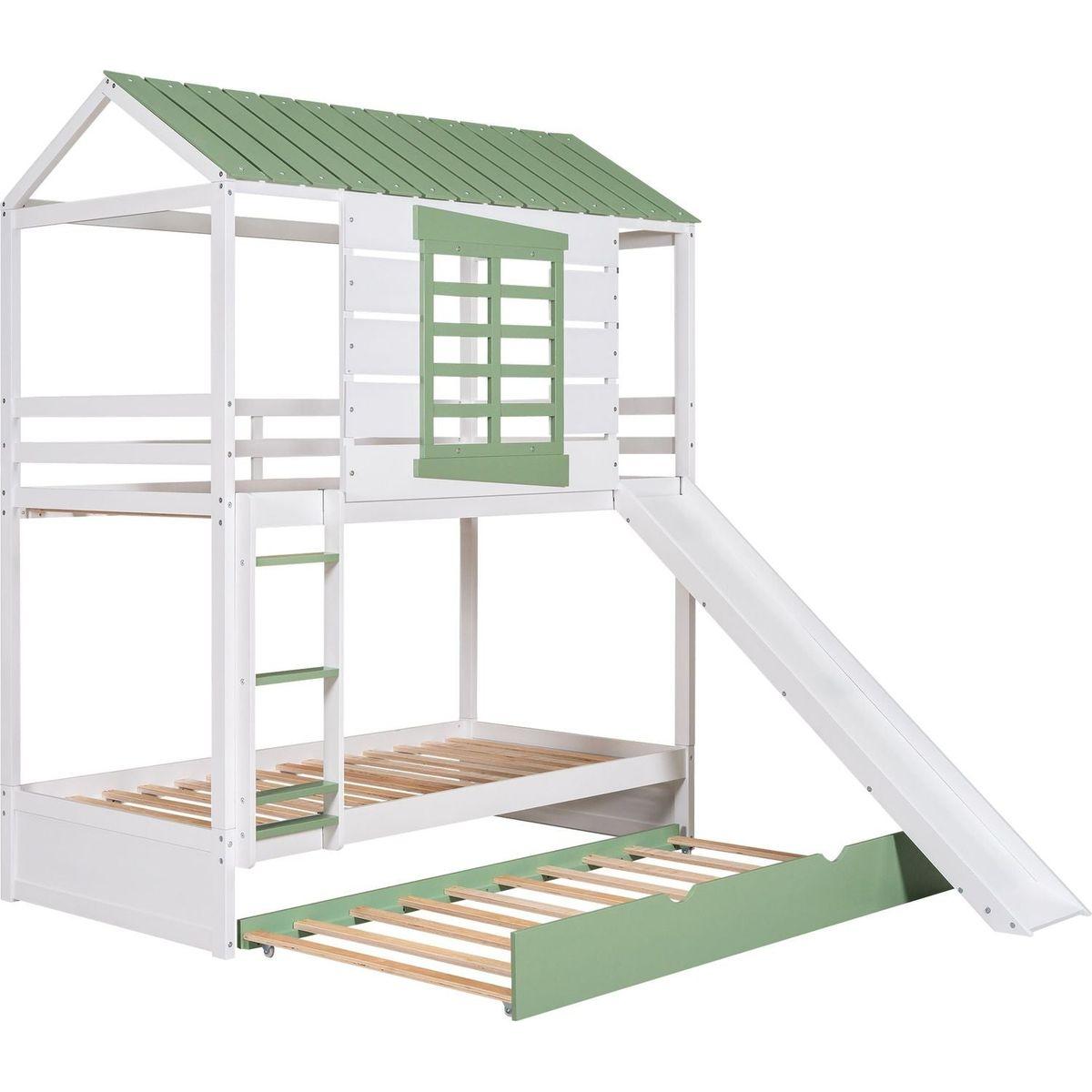 Twin over Twin Size House Bunk Bed with Convertible Slide and Trundle, White+Green