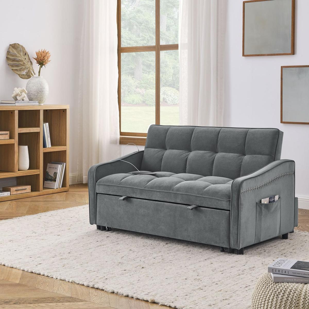 Loveseats Sofa Bed with Pull-out Bed,Adjustable Back and Two Arm Pocket,TypeC and USB Charging with Copper nail,Grey (47"x53"x31")